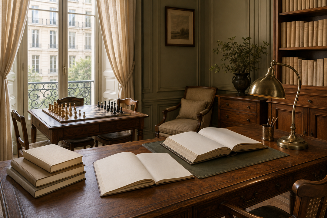 Table d'étude près de la fenêtre, registres et lampe laiton