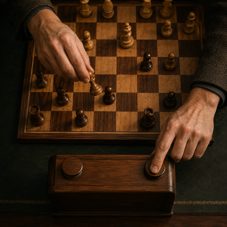 Main levant un pion au-dessus de l'échiquier, pendule pressée